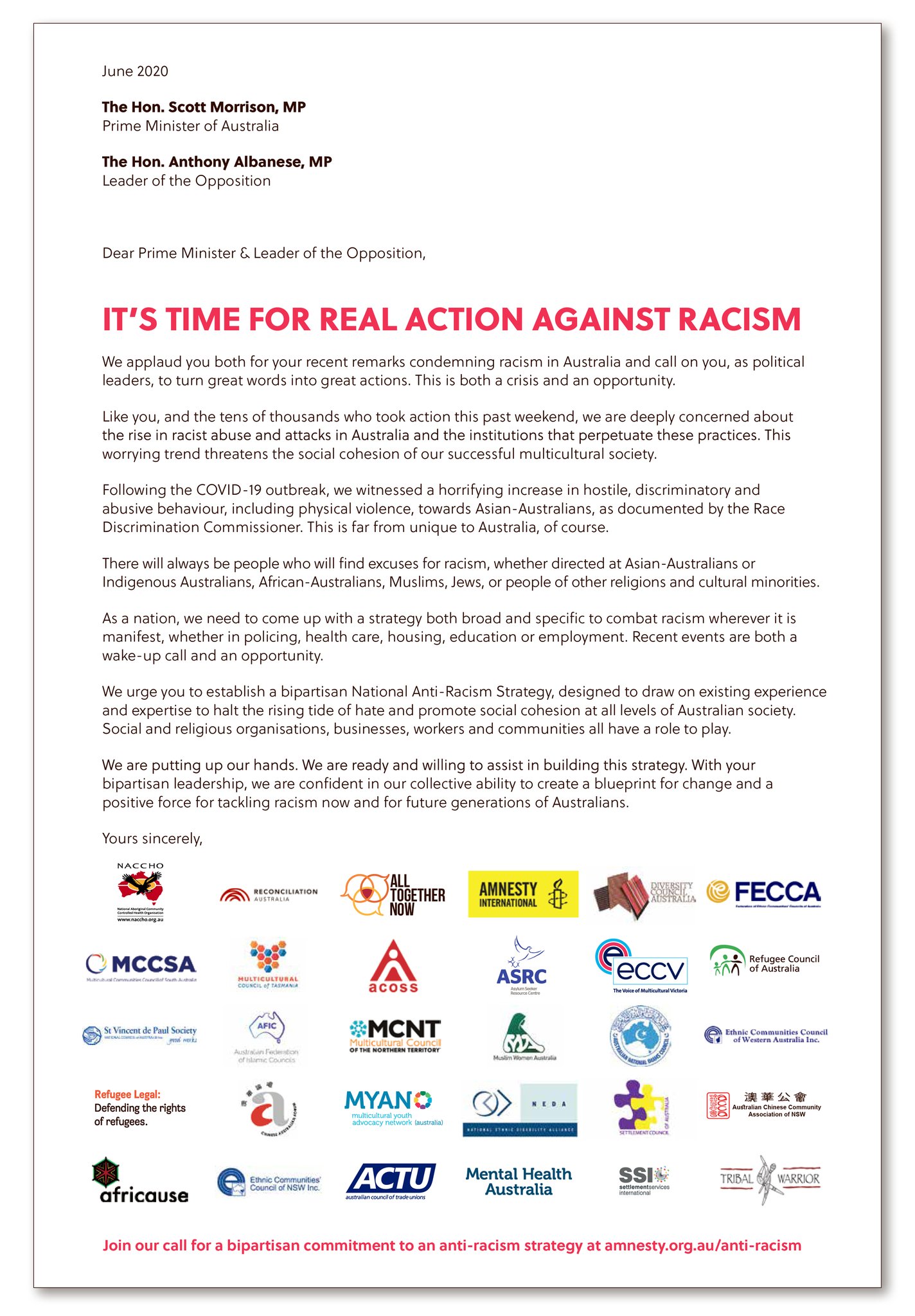Letter to the Prime Minister and Leader of the Opposition asking for real action against racism. The letter is dated June 2020 and features the logos of many companies and organisations, Including Amnesty International and Diversity Council Australia.