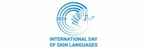 This year's logo for International Day of Sign Languages, the outline of a blue hand with four circles around it with 2024 on the left side of the circles and the words "International Day of Sign Languages" written below.