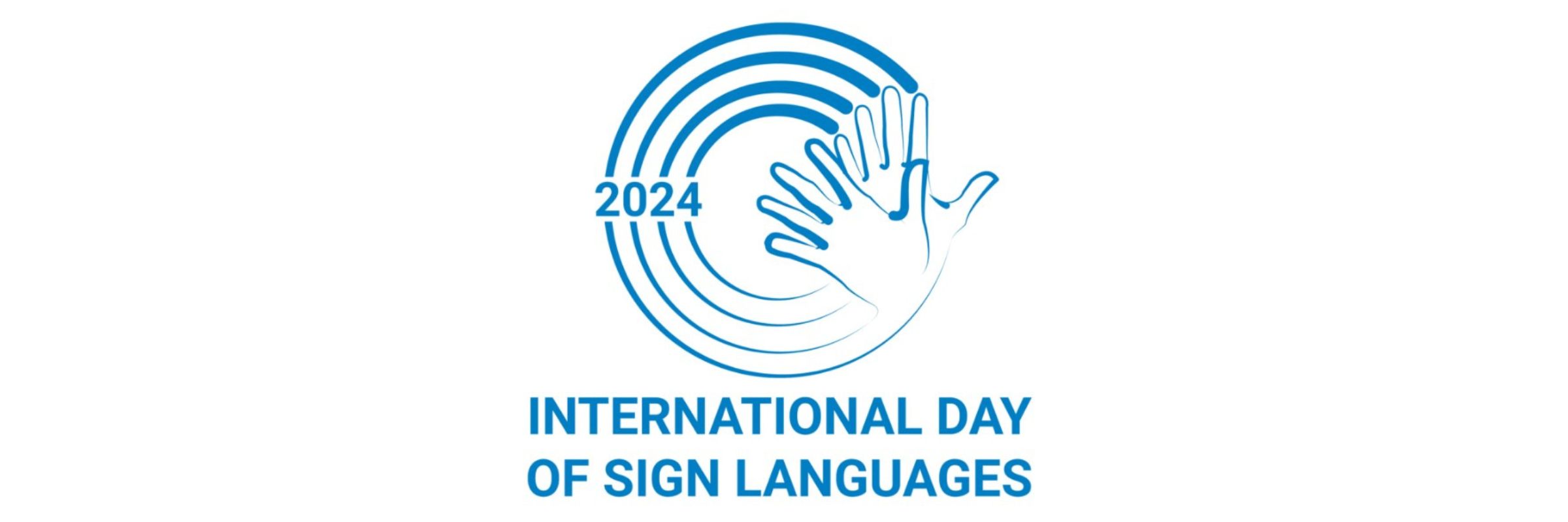 This year's logo for International Day of Sign Languages, the outline of a blue hand with four circles around it with 2024 on the left side of the circles and the words "International Day of Sign Languages" written below.