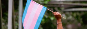 Photo of a raised hand holding up a transgender flag.