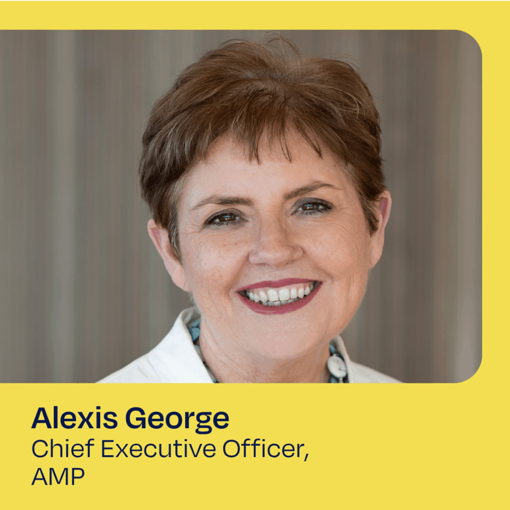 A professional portrait of Alexis George, a woman with short light brown hair, smiling warmly against a softly blurred striped background. The text below the image reads: "Alexis George, Chief Executive Officer, AMP."