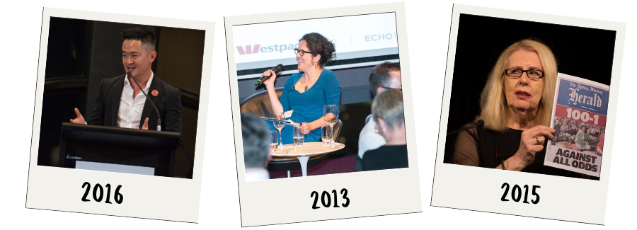 Benjamin Law speaking at a lecturn, Annabel Crabb speaking from a chair and Anne Summer holding a newspaper.