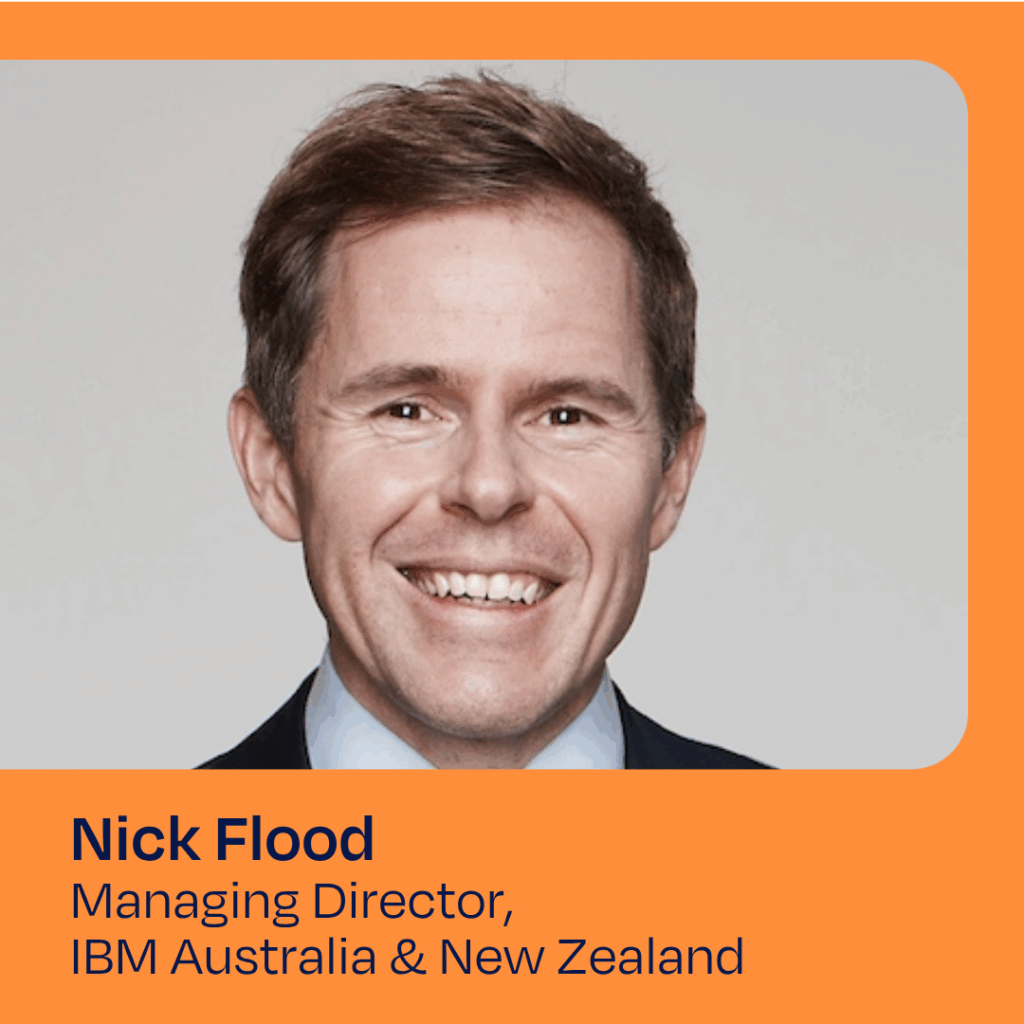 A professional portrait of a man with short dark blonde hair wearing a shirt and jacket. Under his image are the words "Nick Floor, Managing Director IBM Australia & New Zealand."