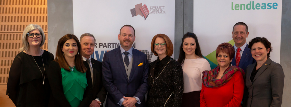 Line up of speakers at the DCA Oration Left to Right : Sam Mostyn, Lisa Annese, David Morrison, Chris Lamb, Julia Gillard, Sonia Gangi, Georgina Nicholson, Ian Hickie & Georgie Harman