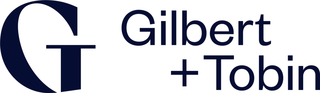 Logo for Gilbert + Tobin in blue writing