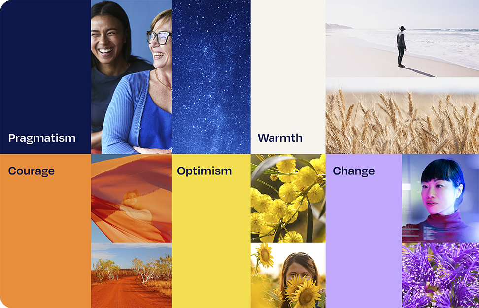 DCA brand colours, dark blue - pragmatism, neutral - warmth, orange - warmth, yellow - optimism and purple - change.