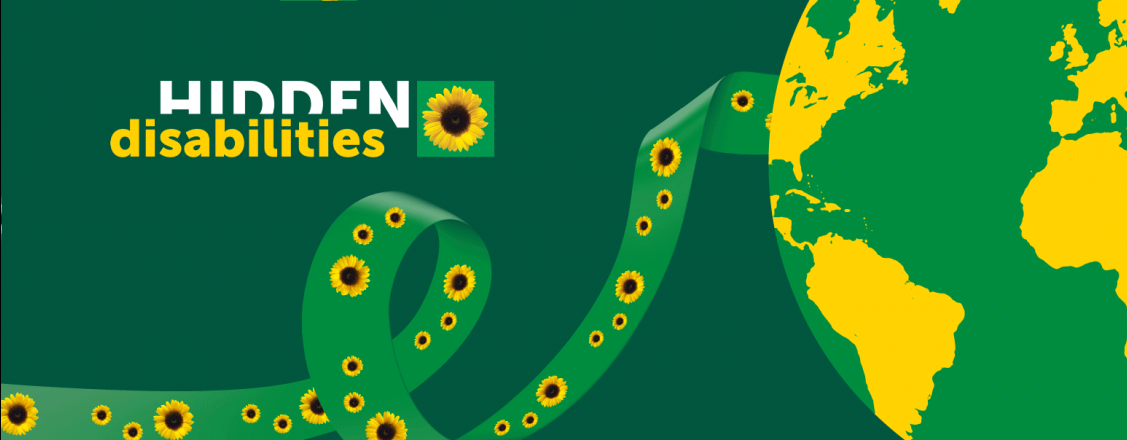 Hidden Disabilities Sunflower logo above a light green ribbon covered in bright yellow sunflowers on a dark green background.